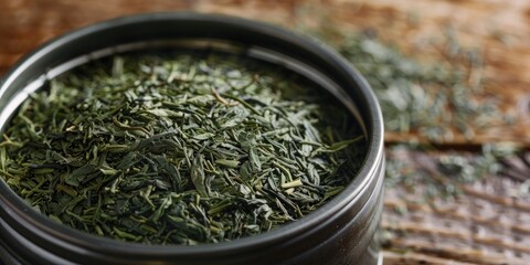 Close-up of premium dried gyokuro sencha tea leaves in a tin container.