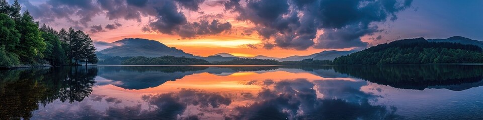 Breathtaking sunset reflected in the serene waters of the lake.