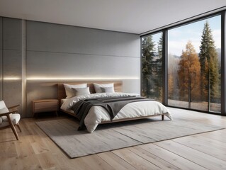 Modern Bedroom with Large Windows and Forest View