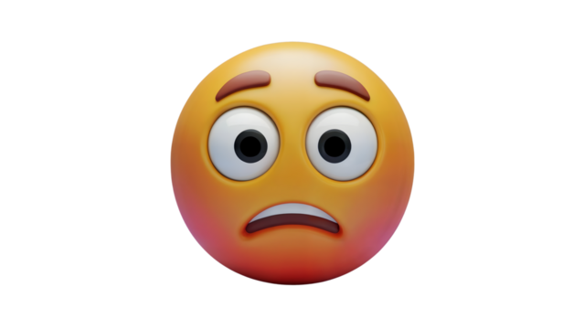 A 3D rendering of the "embarrassed face" emoji, featuring wide, uneasy eyes and raised eyebrows with a concerned expression