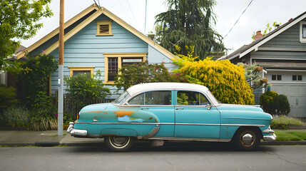 Fototapeta premium Classic blue car parked in front of a suburban home on a sunny day.