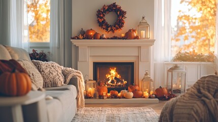 Cozy autumn living room featuring a fireplace adorned with pumpkins and fall decorations in a sunlit home