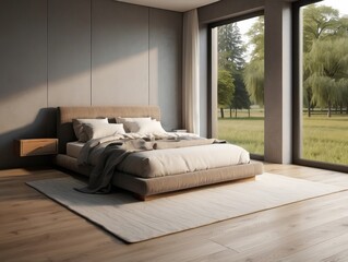 Modern Minimalist Bedroom with Large Windows and View of Grassy Field