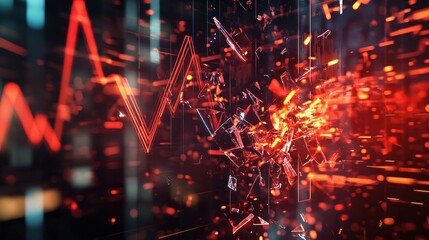 Abstract representation of dynamic digital fluctuations with shattered glass effect in a vibrant red and black color scheme