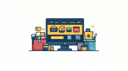 A flat illustration of an online checkout process, with discounts and promo codes being applied to a variety of products during Black Friday 