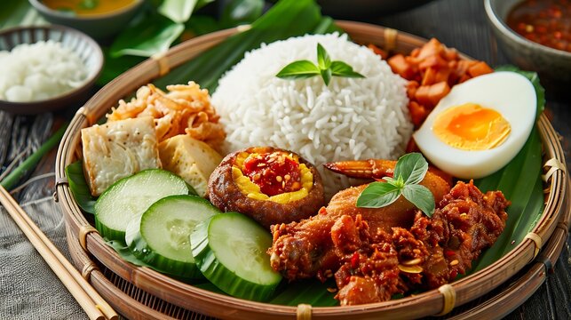 Indonesian nasi tempong served with fried chicken, tempeh, boiled eggs, spicy sambal, cucumber garnish, and basil leaves on a banana leaf-lined plate ready for a flavorful meal
