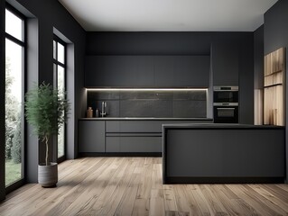 Modern Kitchen with Dark Cabinets, Black Countertops, and a Wooden Accent Wall