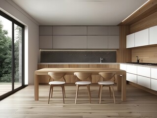 Modern Kitchen with Wooden Dining Table and Chairs