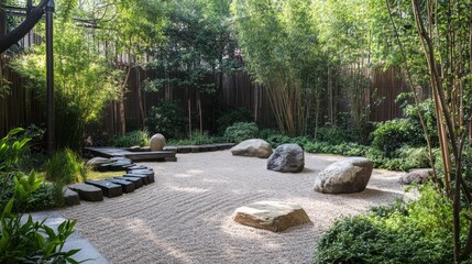 A Zen-inspired garden featuring raked gravel a few carefully placed rocks and minimal greenery