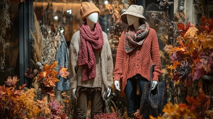 Obraz premium Autumn fashion display with cozy sweaters and accessories in a storefront window during a vibrant fall season