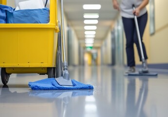 A worker mopping the floor with blue cloths, yellow cleaning cart nearby, captured in an office hallway with bright lighting and natural sunlight