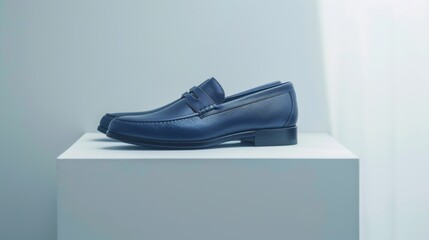 The modern blue loafers rest on a simple white pedestal, showcasing their sleek design and craftsmanship against a light backdrop in a minimalist space