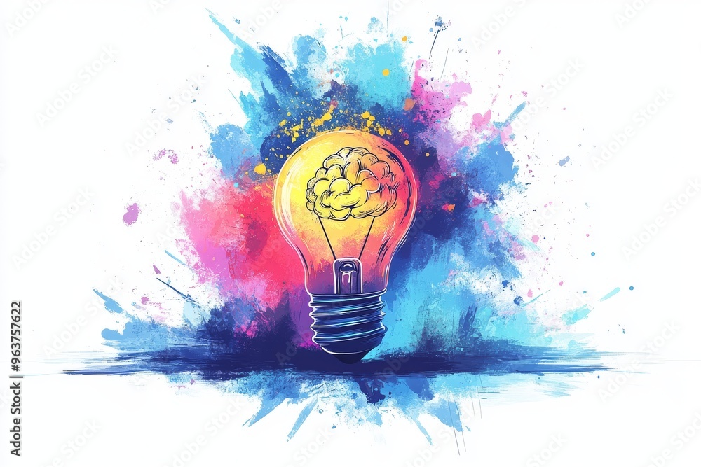 Poster brain architecture brain bulb light bulb with a glowing brain surrounded by vivid splashes of paint 