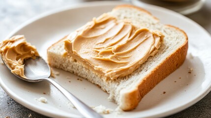 A white plate with a piece of bread spread with peanut butter and mayonnaise, spoon at the ready, captured in close-up for National Fluffernutter Day