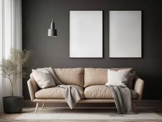 Minimalist Living Room with Tan Sofa and Blank Frames