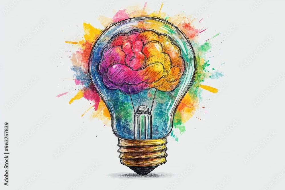 Aufkleber brain signaling brain bulb light bulb with glowing brain and colorful paint splashes symbolizing the