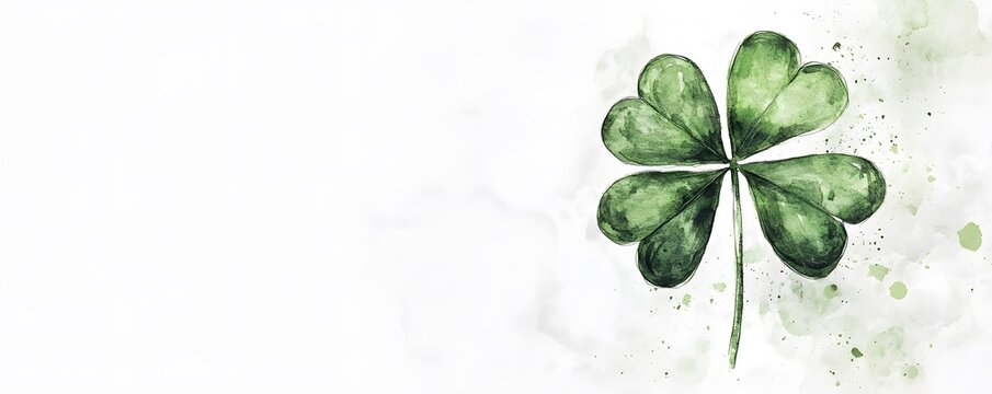 Watercolor Illustration of a Four-Leaf Clover with Green Splashes