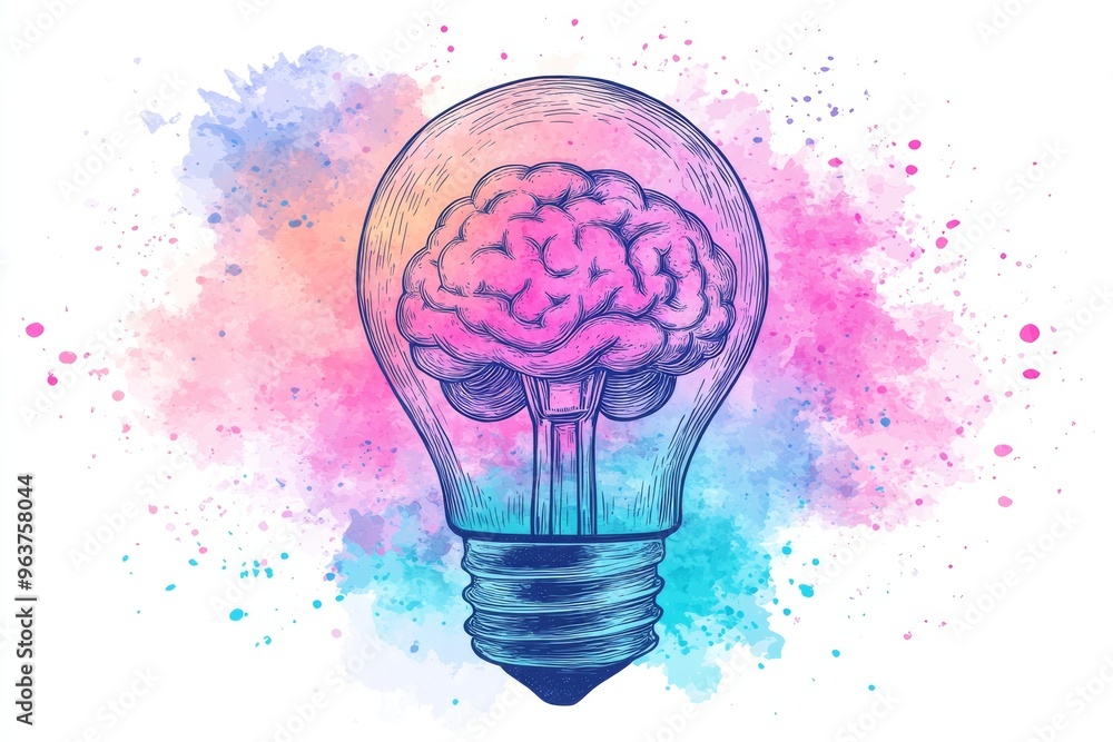 Poster brain network brain bulb glowing light bulb with a brain inside surrounded by colorful splashes repr