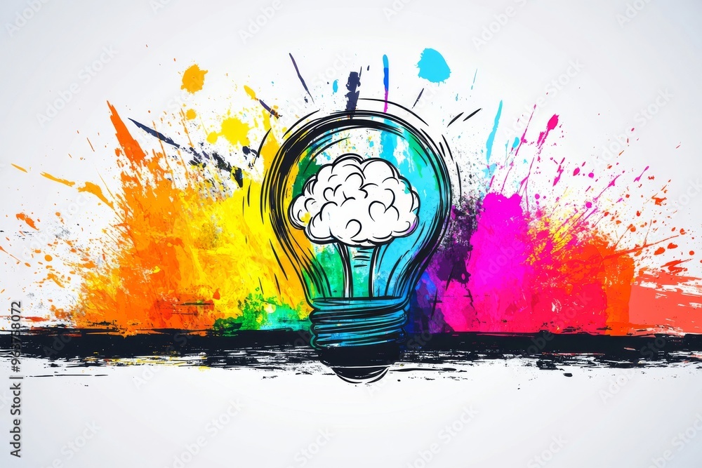 Poster brain dynamics brain bulb light bulb with a glowing brain surrounded by vivid paint splashes symboli