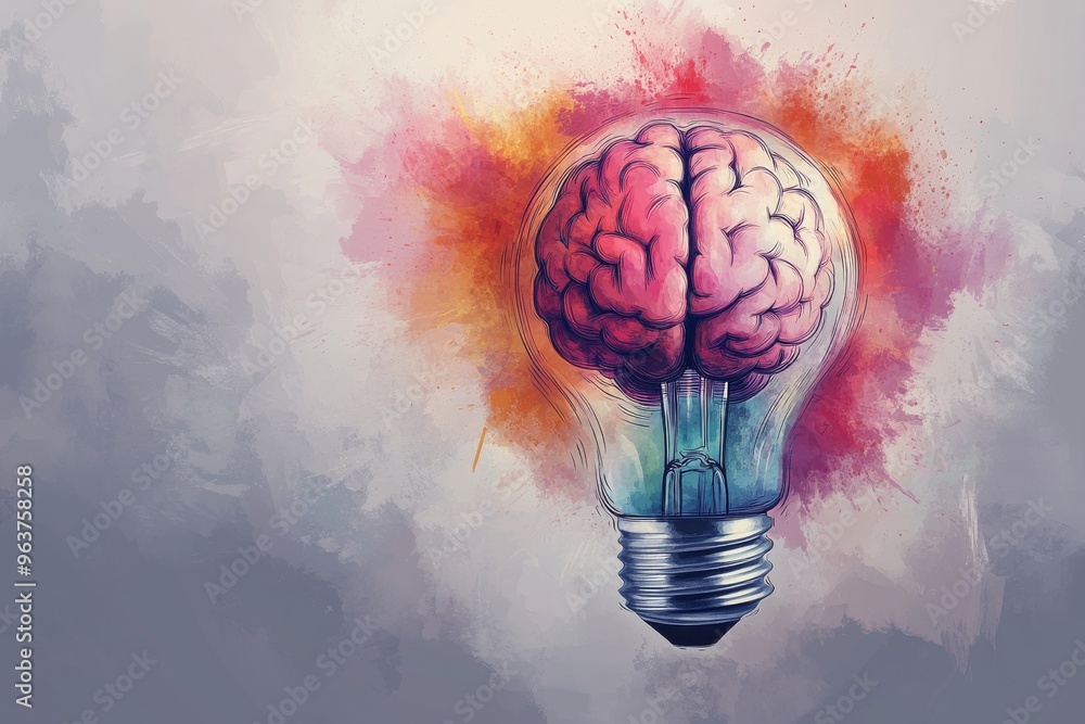 Aufkleber synaptic plasticity brain bulb artistic light bulb with a glowing brain surrounded by warm vibrant c