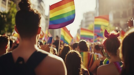 Crowd waving rainbow flags during pride parade under bright sunlight