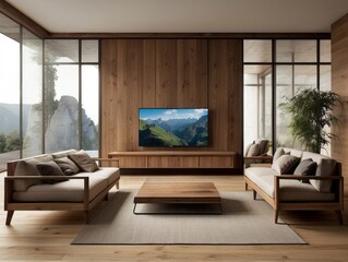 Modern living room with wooden furniture and a mountain view