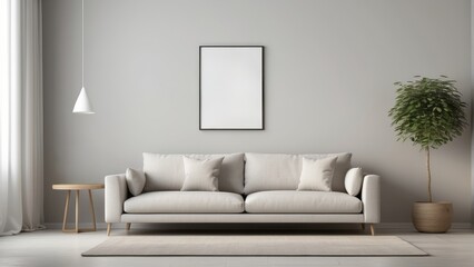 Fototapeta premium Minimalist Living Room with White Sofa, Rug, and Pendant Light