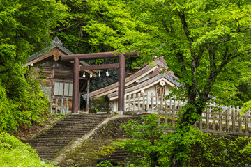 日本　長野県長野市にある戸隠神社の奥社の本殿と鳥居