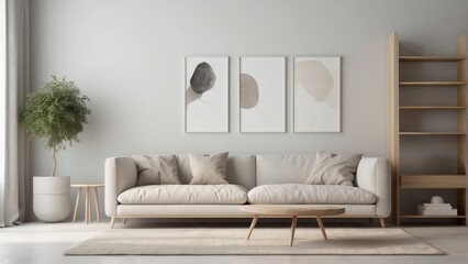 Minimalist Living Room with White Sofa, Wooden Shelves, and Abstract Art
