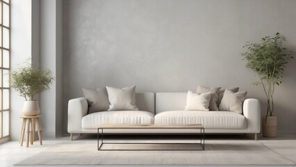 Minimalist Living Room with White Sofa, Coffee Table, and Plants