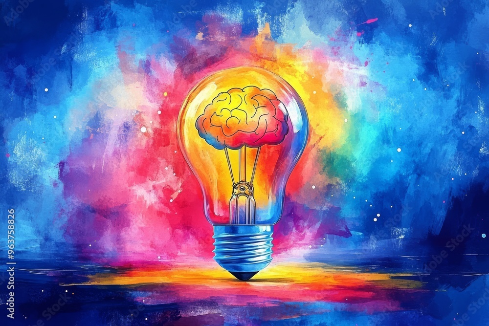 Poster neural development memory center light bulb with glowing brain inside surrounded by vibrant cosmic c