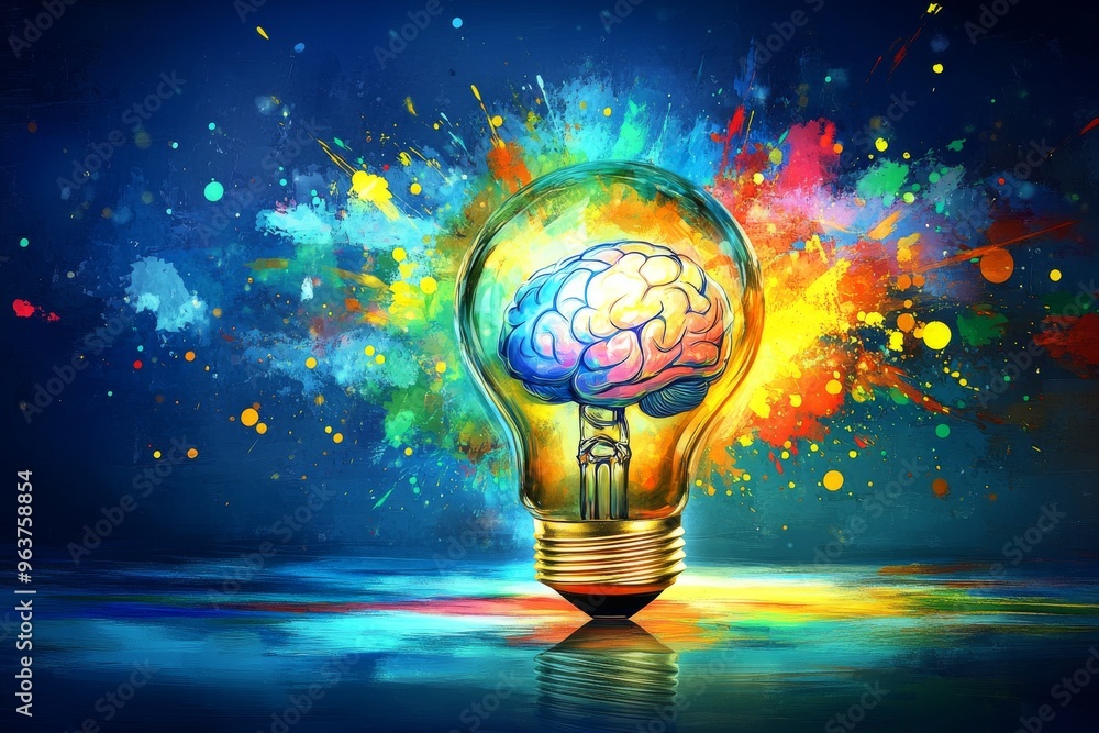 Poster cognitive abilities memory center glowing brain inside a light bulb surrounded by dynamic splashes o