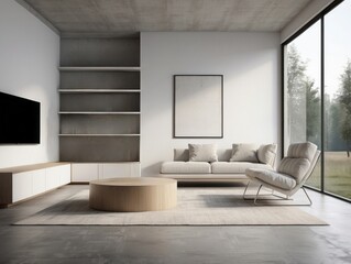 Fototapeta premium Modern Living Room with Beige Couch and Large Window