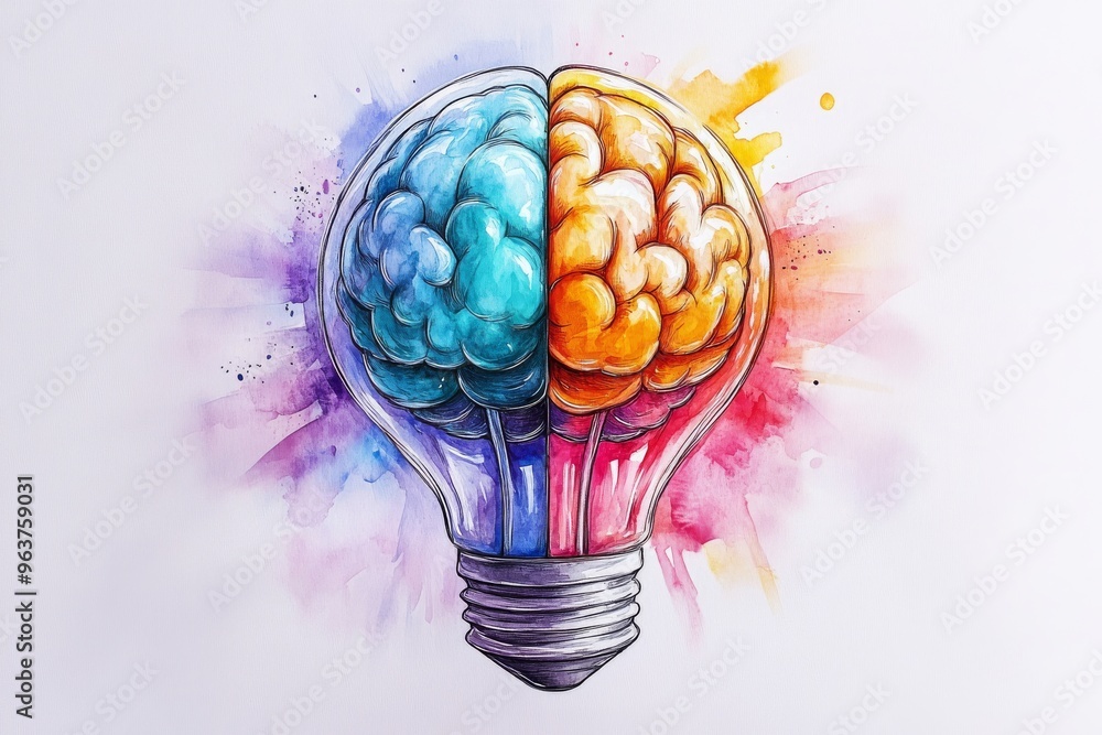 Poster neurocognitive system memory center light bulb with glowing brain splattered with vibrant colors sym