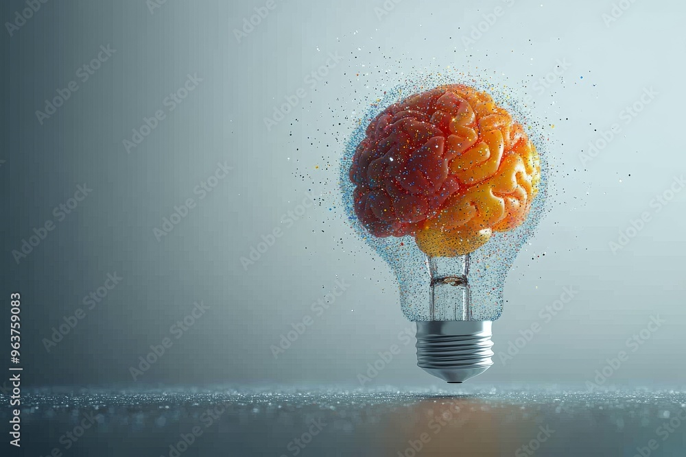 Poster neural synchronization memory center light bulb with brain submerged in water symbolizing the power 