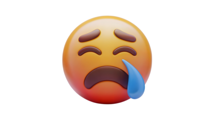 A 3D rendering of a crying emoji with a sad expression, furrowed eyebrows, and a large blue teardrop running down face