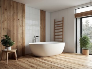 Fototapeta premium Modern Bathroom with Freestanding Tub, Wooden Accents, and a Window View
