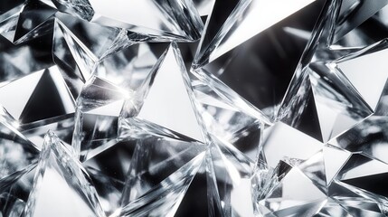 Close-up of sharp-edged crystal facets, reflecting light with high contrast, creating a dynamic and abstract, shattered glass effect