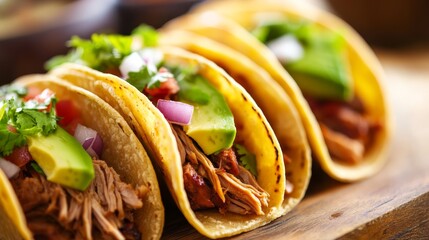 A close-up of flavorful pulled pork tacos with avocado and lettuce, elegantly arranged on a wooden table. The high-resolution photo captures every detail and vibrant color, ideal for National Taco Day
