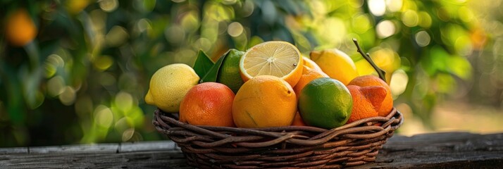A variety of citrus fruits including oranges, lemons, limes, and grapefruit displayed in a wicker basket on a rustic garden table.