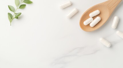 Nutritional capsules on a spoon, resting on a marble surface, ideal for topics related to medicine, supplements, or health.