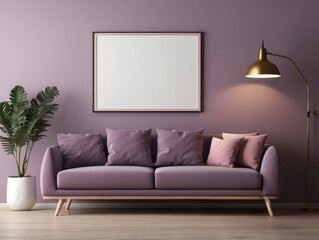 Purple Sofa with Pink Pillows and a Gold Floor Lamp in a Purple Room