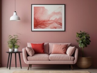 Pink Sofa with Abstract Art and Plants in a Pink Room