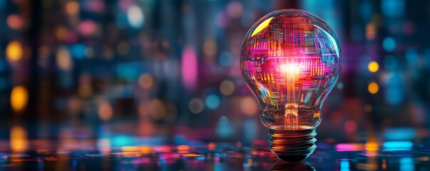 Glowing light bulb with digital circuit, vibrant