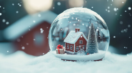 christmas snow globe, crystal ball, snow globe with snowy Christmas tree and house