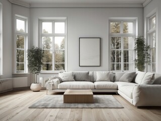 White Sectional Sofa in Modern Living Room with Large Windows