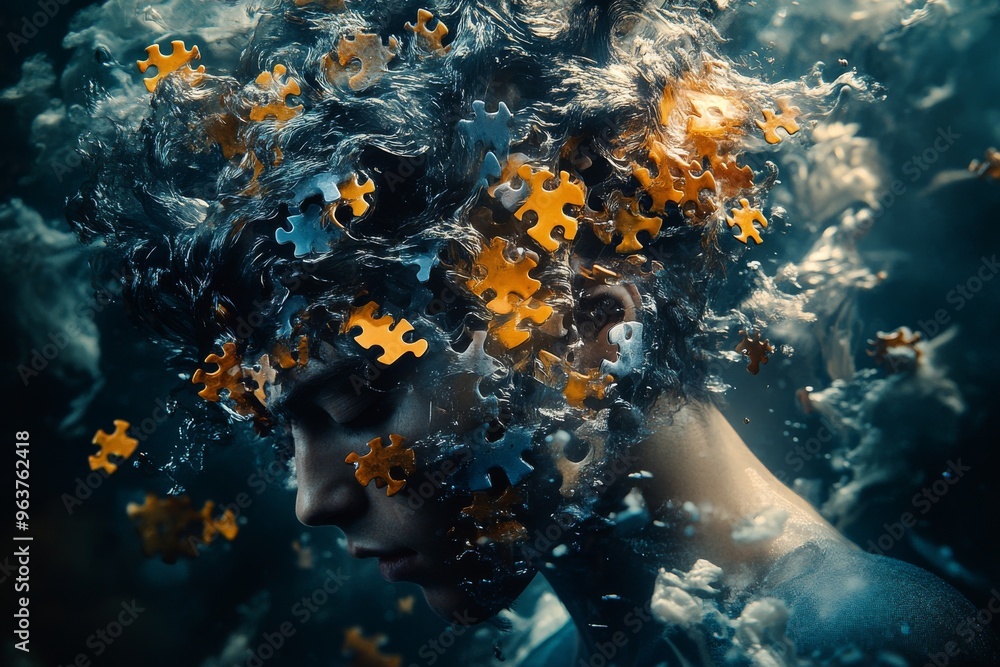 Aufkleber cognitive function brain puzzle human head covered in blue and orange puzzle pieces symbolizing the 