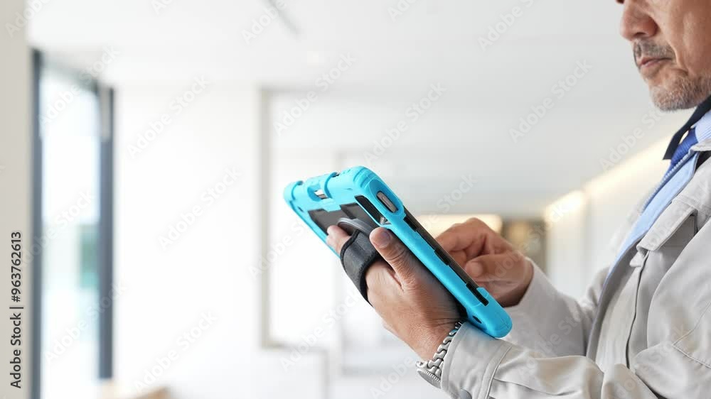 Poster engineer checking a building while looking at a tablet