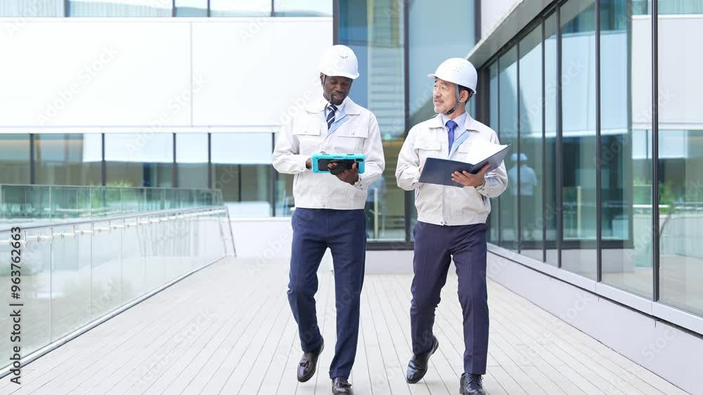 Poster group of multinational engineers walking through a building