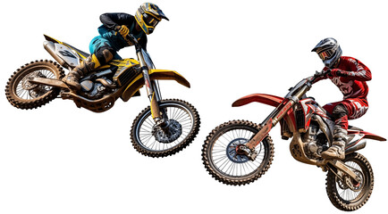 Obraz premium Set Of jumping mountain motocross race dirt bikes PNG isolated on white and transparent background - Dirt Mountain racing competition Motocross adventure action shot